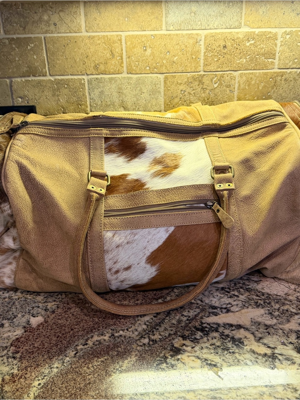 Myra Bag Tan Leather & Brown White Cowhide Weekender Bag